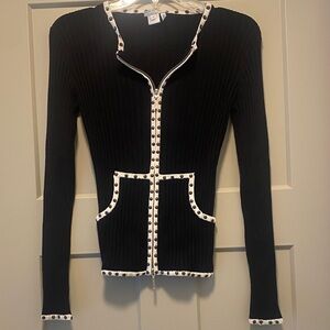 Alberto Makali Black Cardigan with Ivory & Bronze Stud Trim